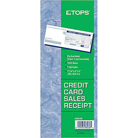 TOPS Credit Card Sales Slip Forms 15 lb 3 Part Carbonless Copy 3 14 x 7 78  Sheet Size White Sheets Blue Print Color Paper 100 Pack - Office Depot